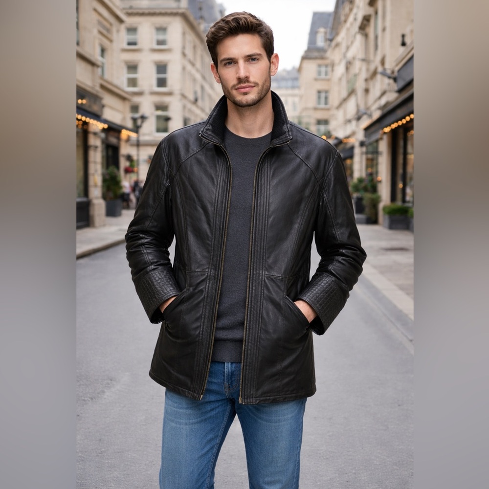 Radius Men’s Black Genuine Leather Jacket Zip Front Size M